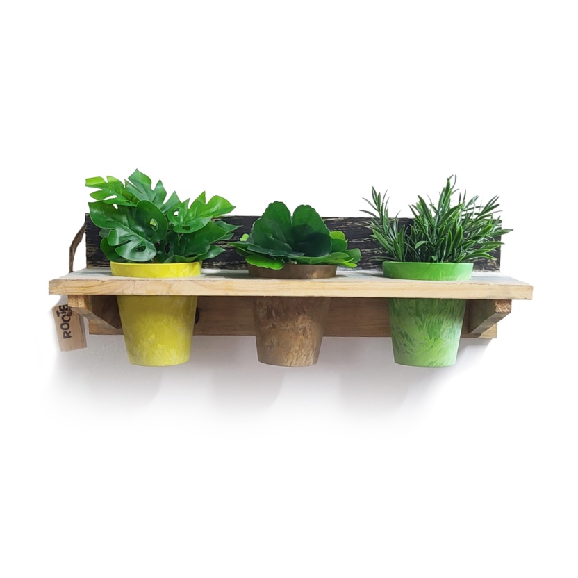 'Roots' Wooden hanging Calm pot racks sets with 3 Artstone pots