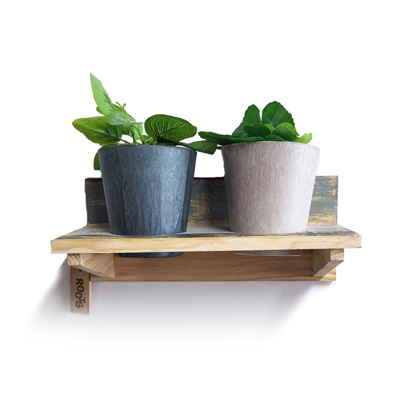 'Roots' Wooden hanging Calm pot racks sets with 2 Artstone pots