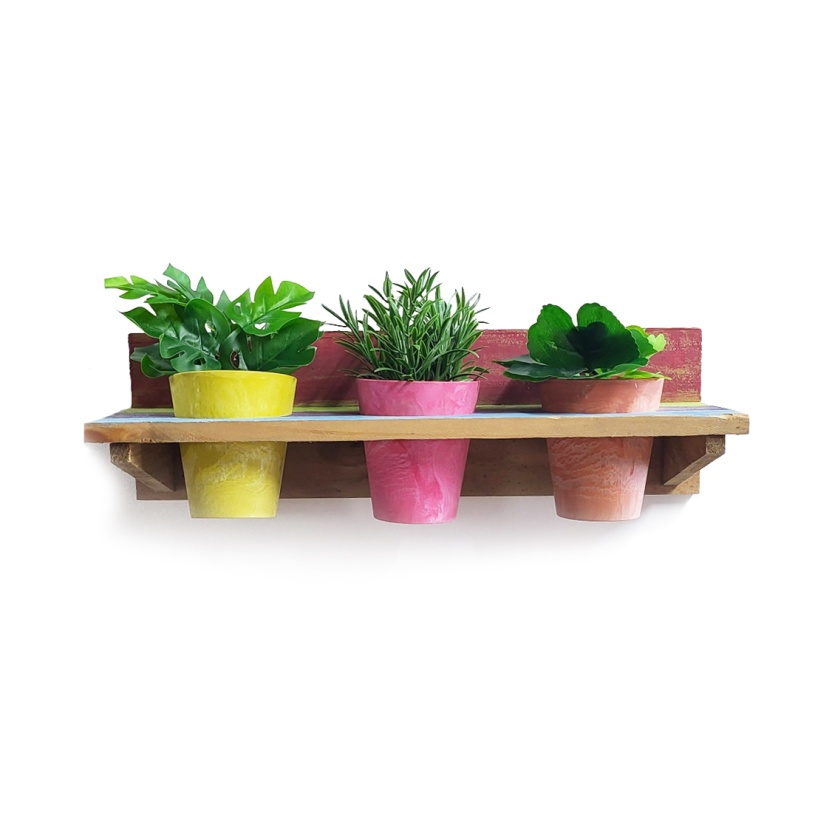 'Roots' Wooden hanging Joy pot racks sets with 3 Artstone pots - Image 2