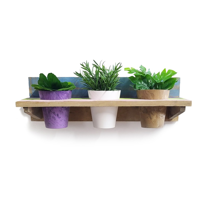 'Roots' Wooden hanging Joy pot racks sets with 3 Artstone pots