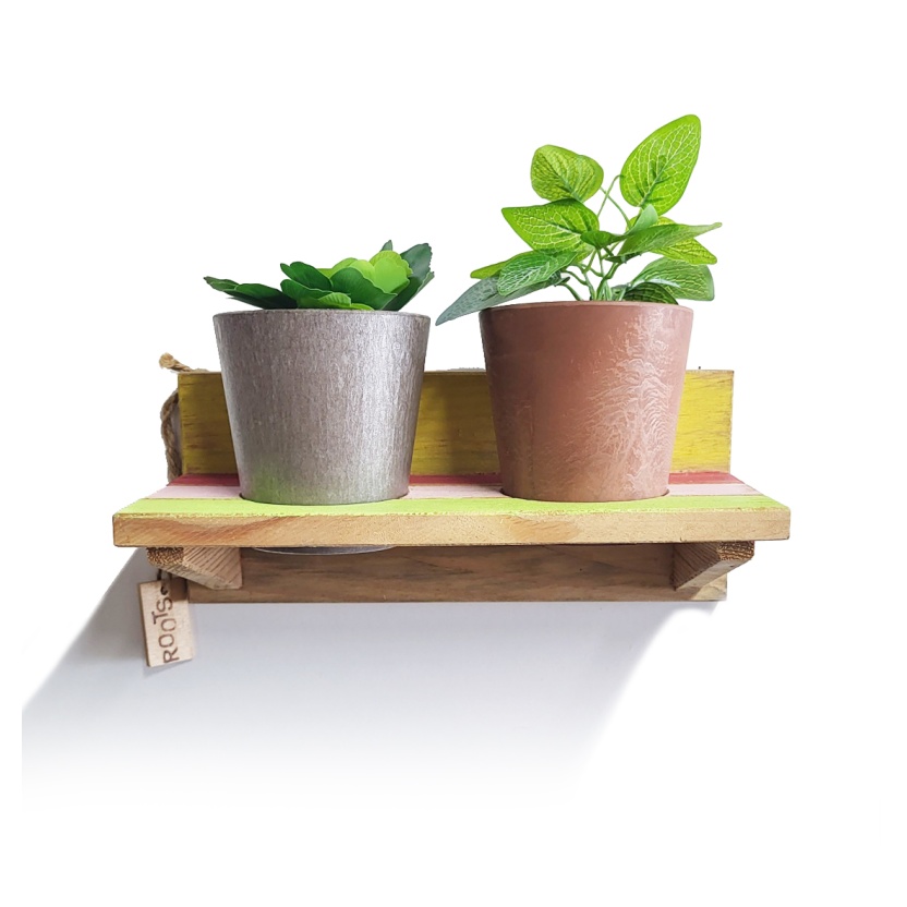 'Roots' Wooden hanging Joy pot racks sets with 2 Artstone pots