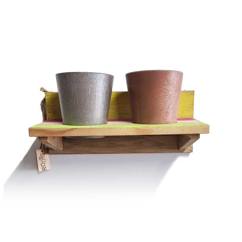 'Roots' Wooden hanging Joy pot racks sets with 2 Artstone pots - Image 5