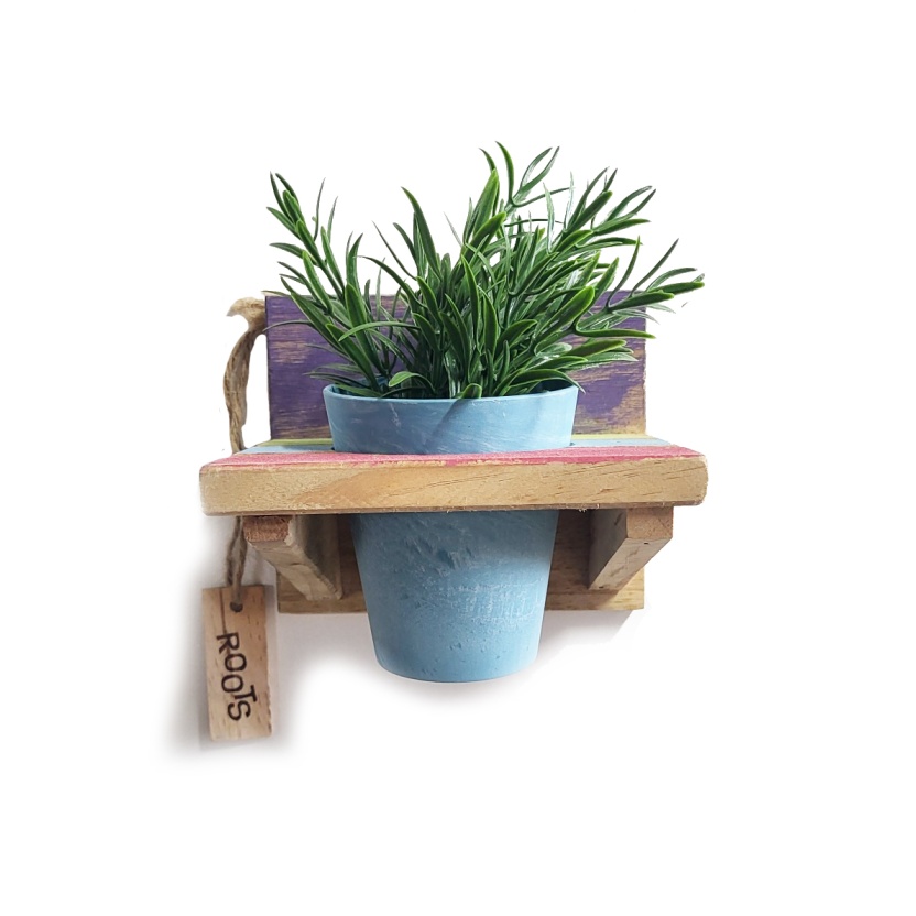 'Roots' Wooden hanging Joy pot racks sets with 1 Artstone pot
