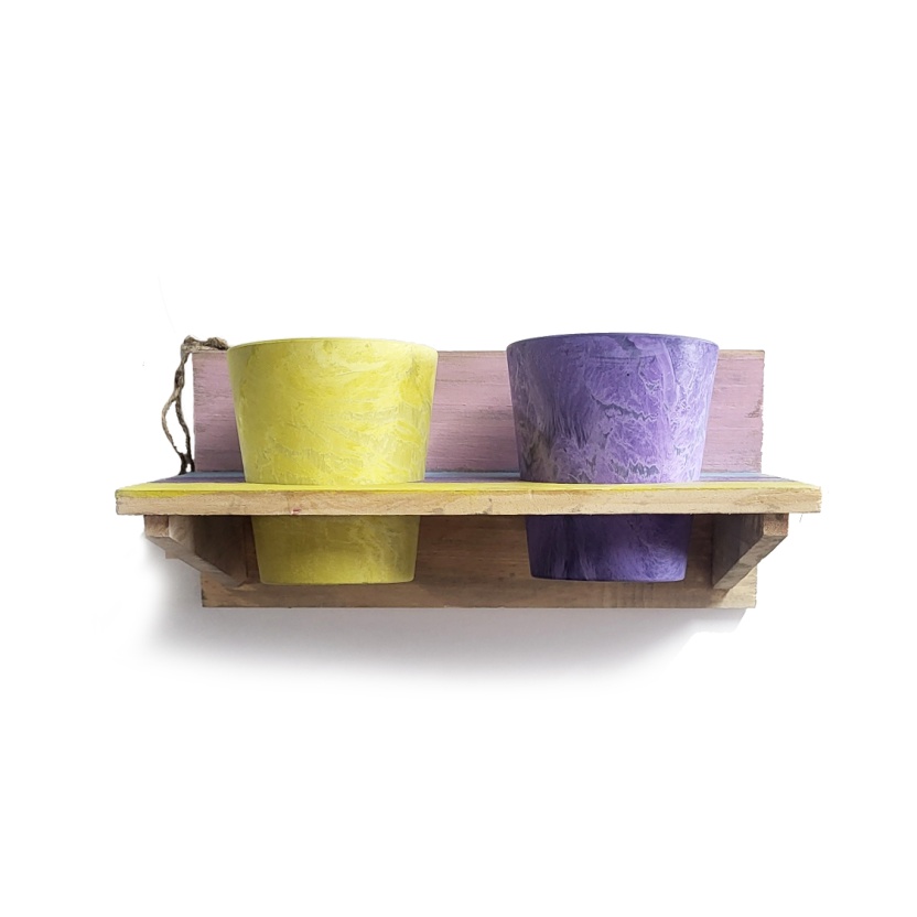 'Roots' Wooden hanging Joy pot racks sets with 2 Artstone pots - Image 4