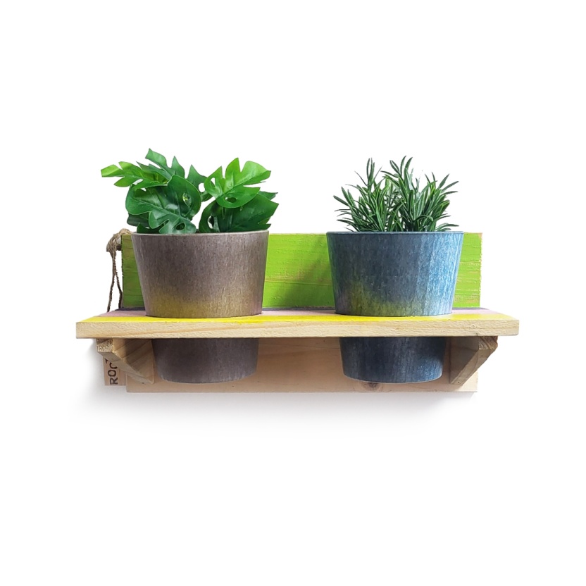 'Roots' Wooden hanging Joy pot racks sets with 2 Artstone pots