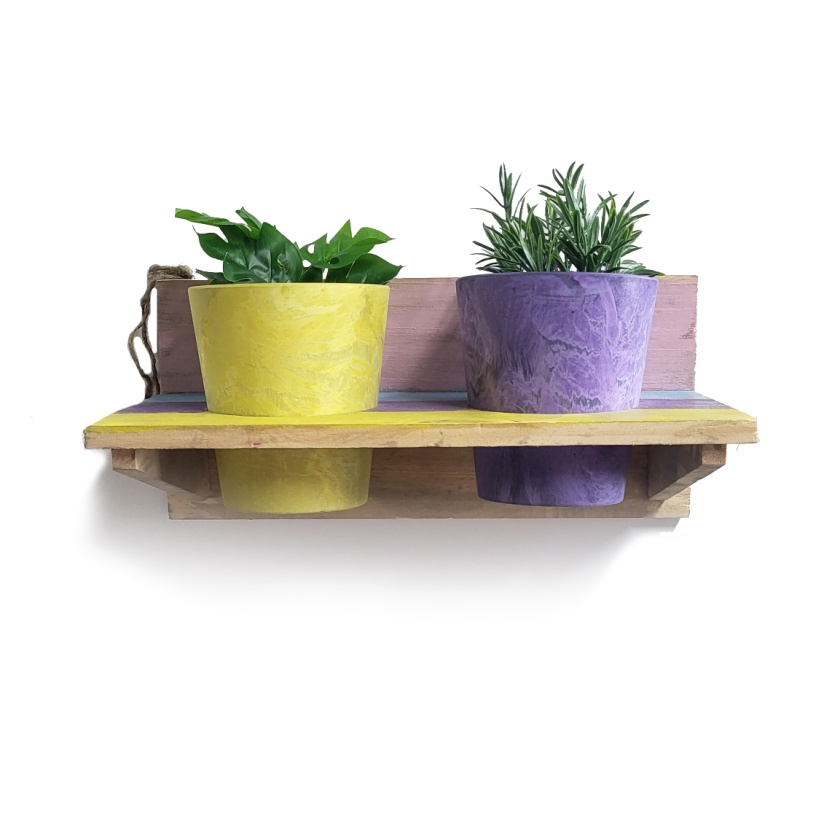 'Roots' Wooden hanging Joy pot racks sets with 2 Artstone pots - Image 2