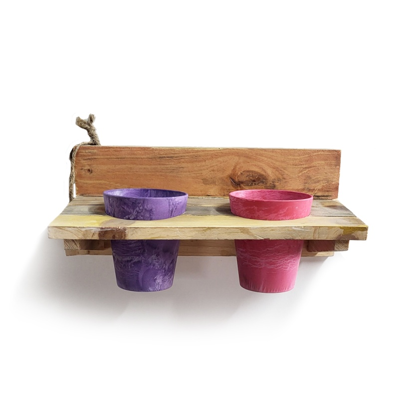 'Roots' Wooden hanging Warm pot racks sets with 2 Artstone pots - Image 4
