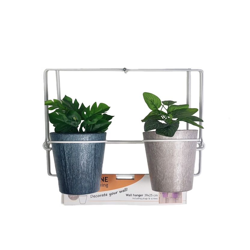 Sets of white metal Artstone Amy wall hangers with two plant pots