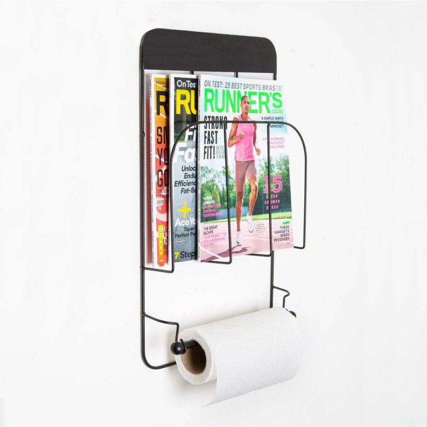 White and black metal magazine racks with roll holder - Image 3