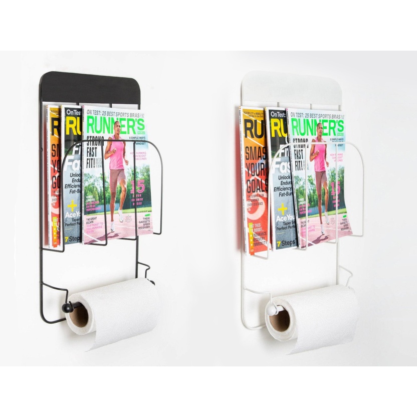 White and black metal magazine racks with roll holder
