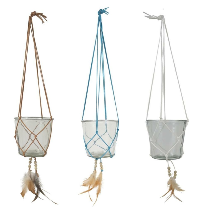 Bohemian feather lanterns/hanging plant pots with leather cords - 3 colour mix