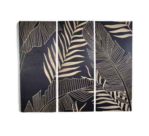 Black PTMD Neron wood carved leaves wall triptych 145cm