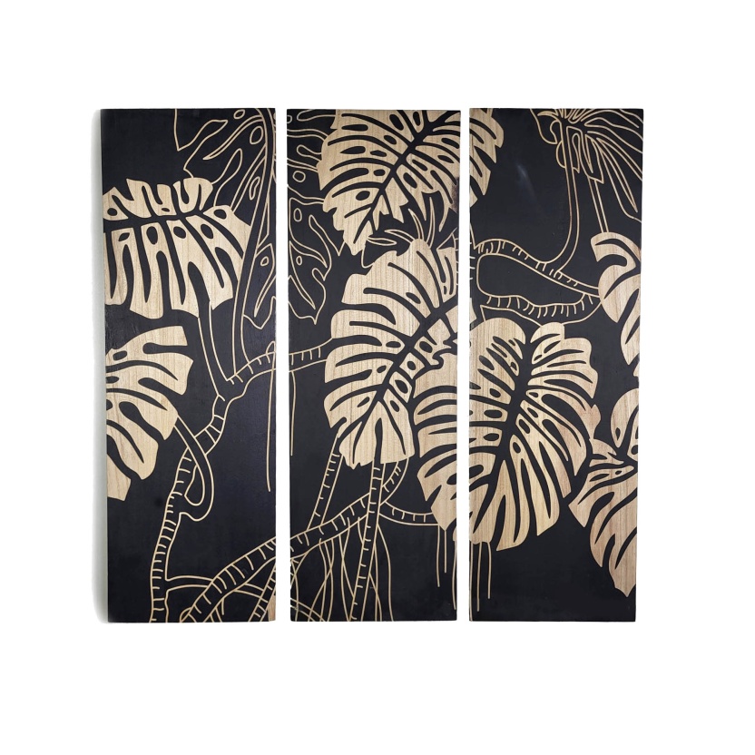 Black PTMD Neron wood carved wall triptych 90cm