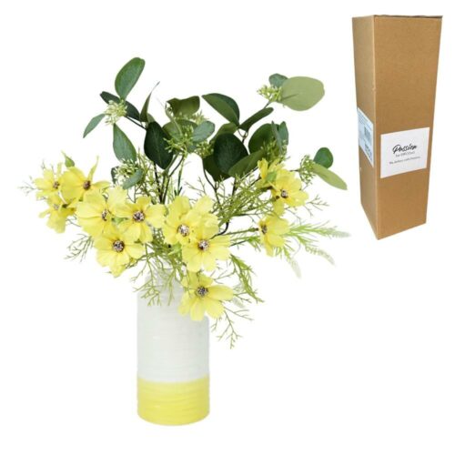 Yellow/white ceramic vases with artifical flowers - Image 2