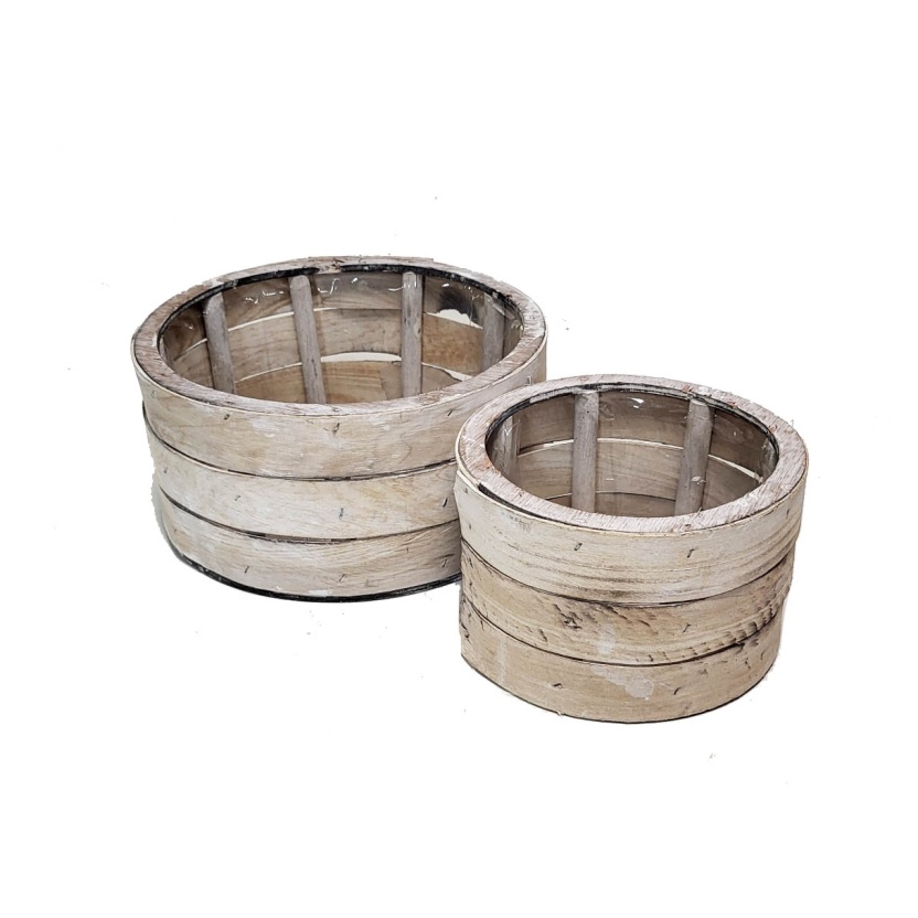 HBX white wash ronde houten set van 2 bloemen- of plantenbakken