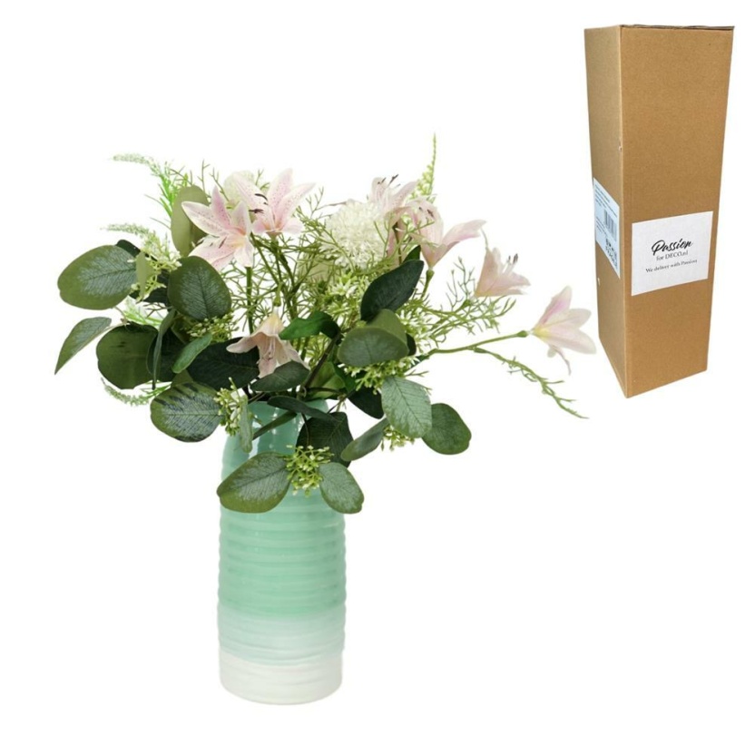 Mintgroen/witte keramische vazen met kunstbloemen - Afbeelding 2