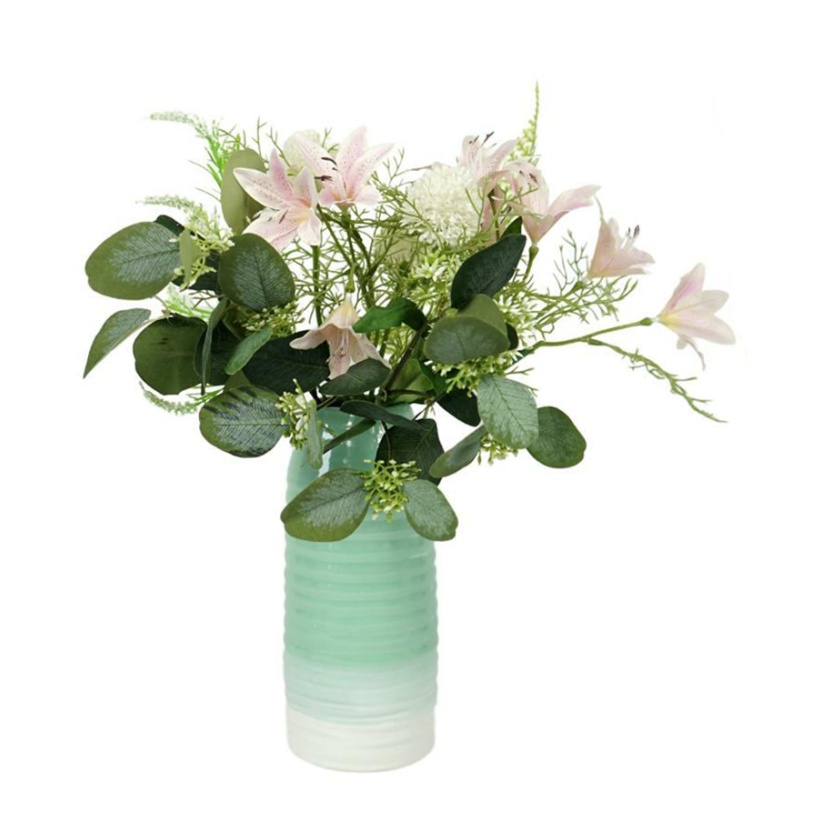 Mintgroen/witte keramische vazen met kunstbloemen