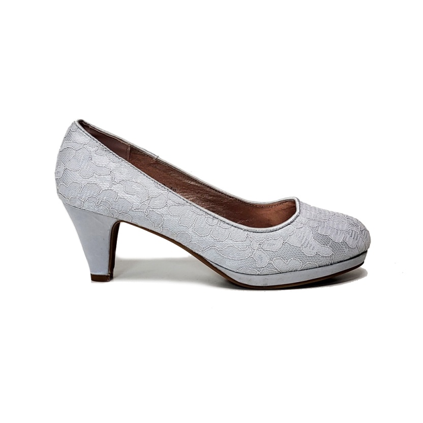 Damesschoenen - Zilverkleurige kanten pumps met hakken - Afbeelding 4
