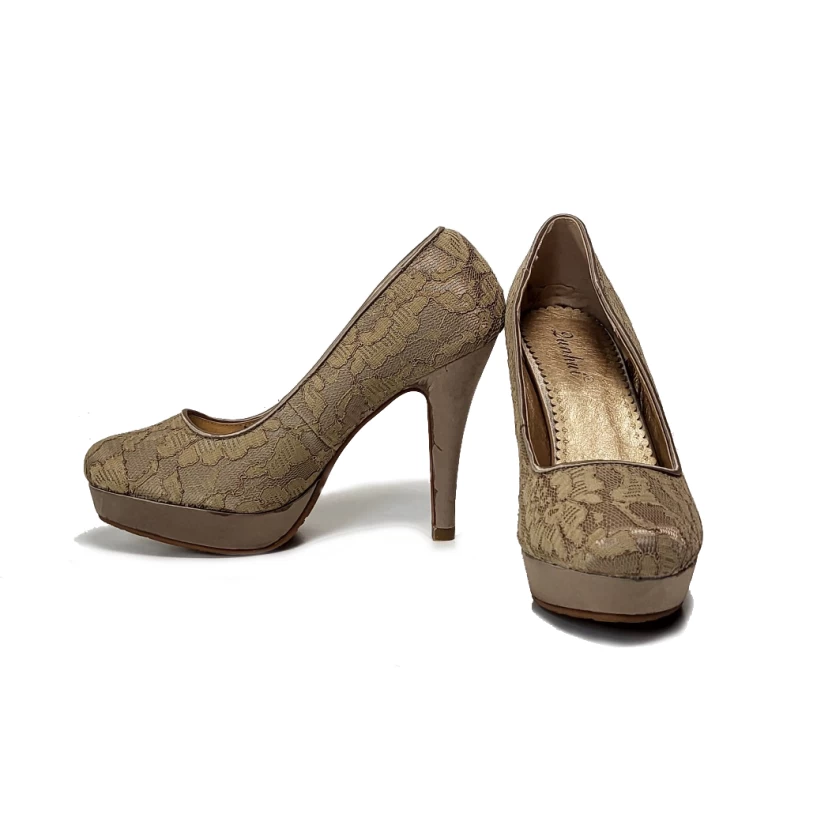 Damesschoenen - beige kanten pumps met hoge hakken - Afbeelding 4