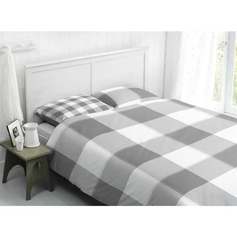 2-pack grijs/witte dekbedovertrekken met ruitjesprint - 140x220cm - Afbeelding 2