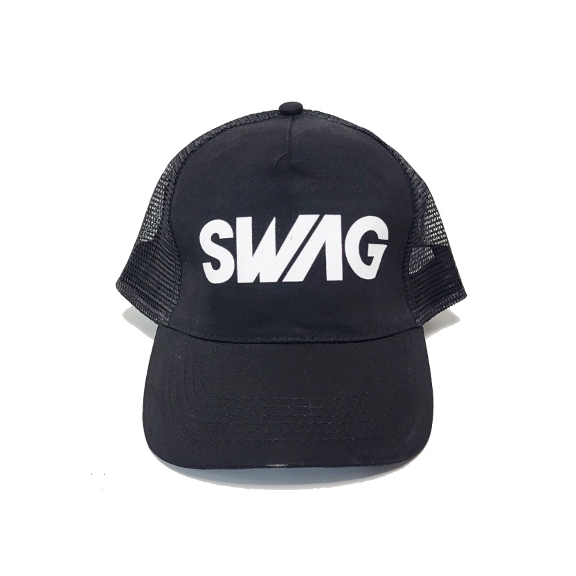 Zwarte baseball petten met SWAG tekst print en velcro sluiting aan de achterkant - Afbeelding 2