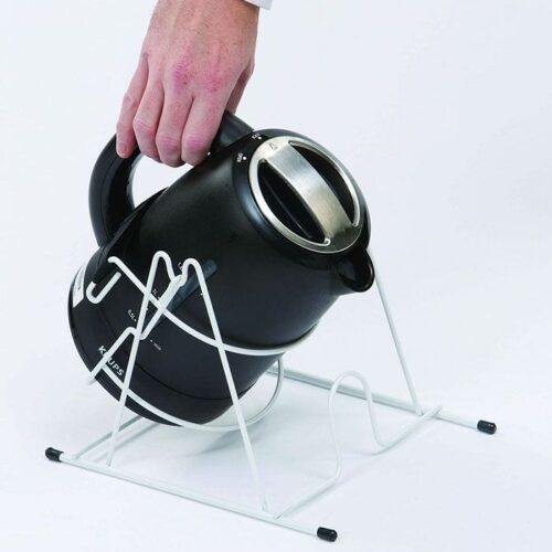 White cordless kettle tipper stands with velcro strap