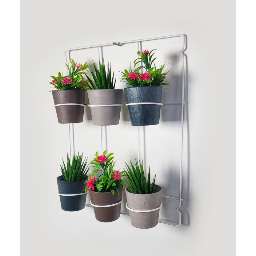 Wit metalen Artstone muurhangers voor zes plantenpotten 39x50cm