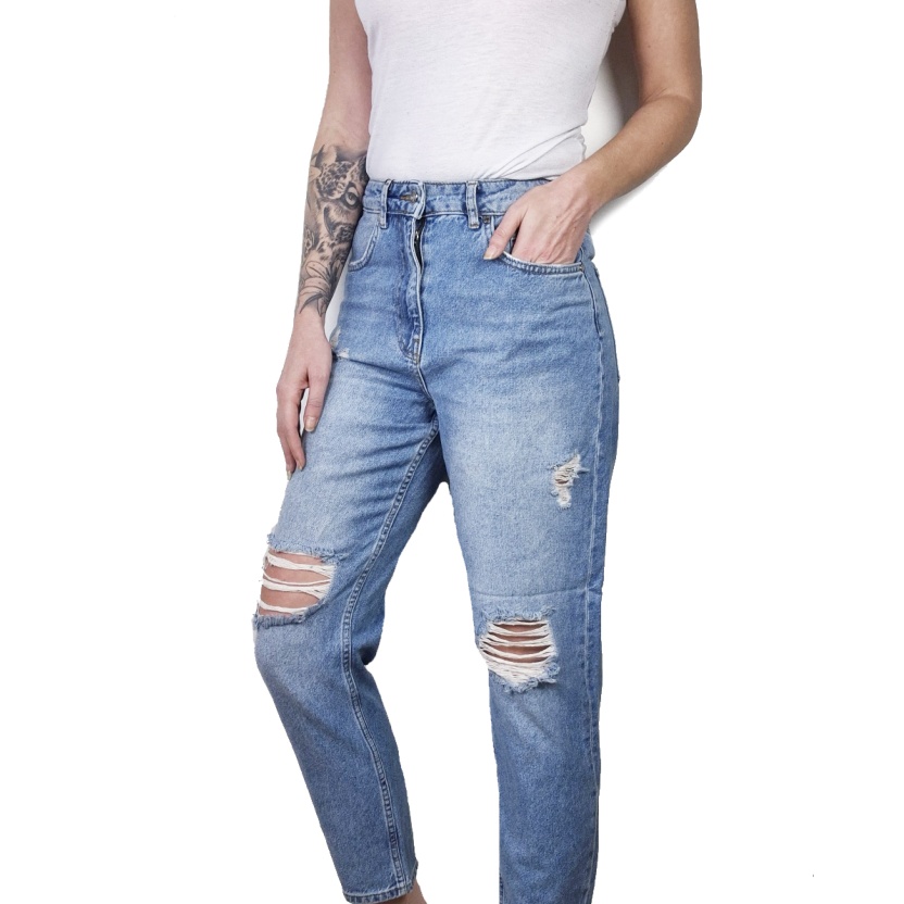 Midblauwe Karo Kauer gescheurde mom jeans voor dames - Afbeelding 4
