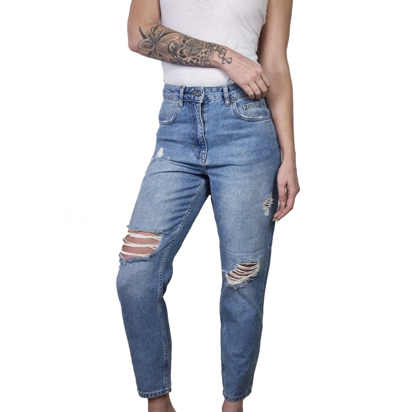 Midblauwe Karo Kauer gescheurde mom jeans voor dames - Afbeelding 5