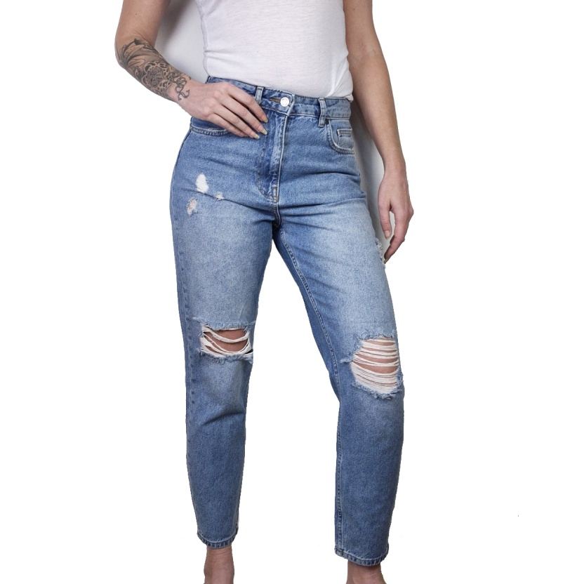 Midblauwe Karo Kauer gescheurde mom jeans voor dames - Afbeelding 7