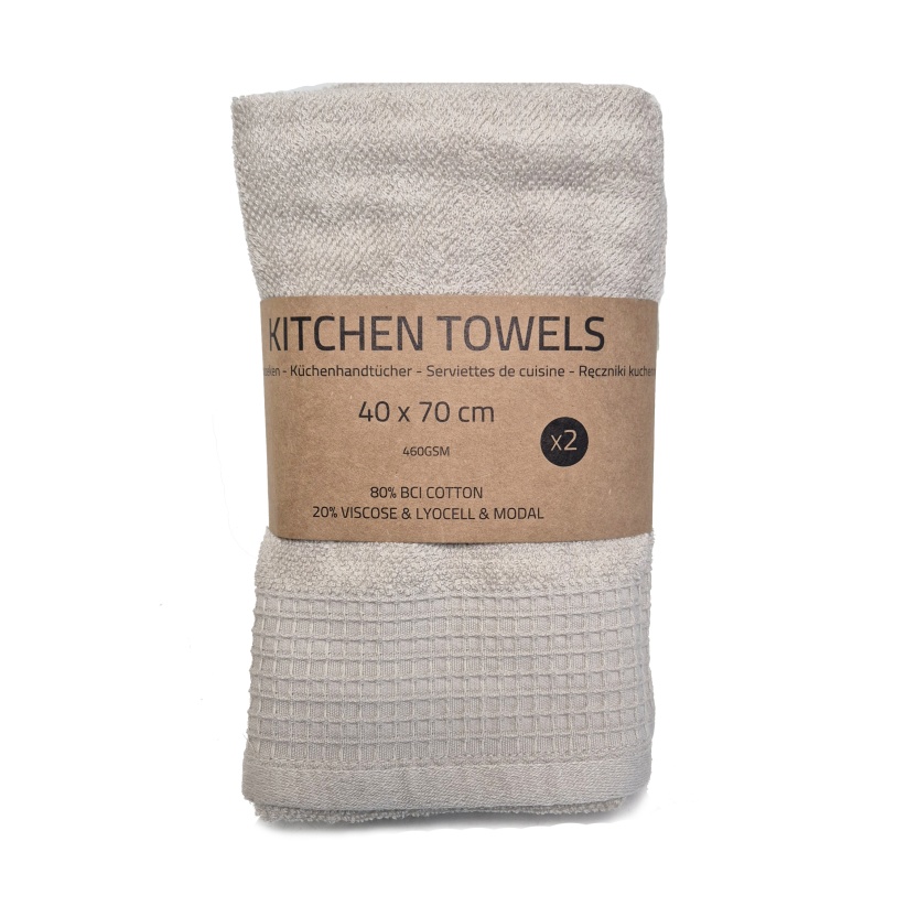 2-packs beige badstof keukenhanddoeken 40x70cm - 460GSM