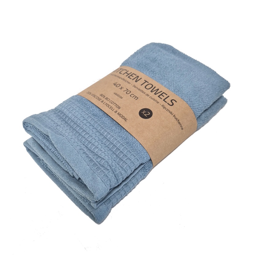 2-packs blauwe badstof keukenhanddoeken 40x70cm - 460GSM - Afbeelding 2