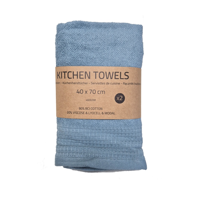 2-packs blauwe badstof keukenhanddoeken 40x70cm - 460GSM