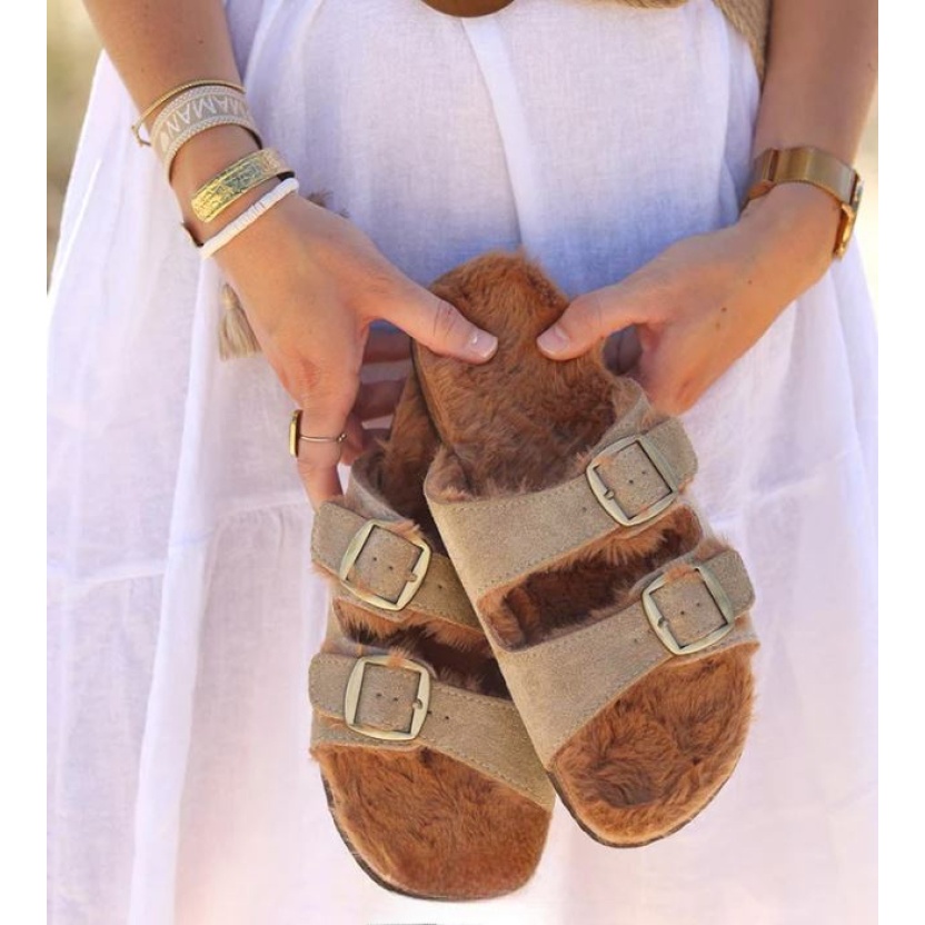 Damesschoenen - Beige Findlay sandalen met imitatiebont