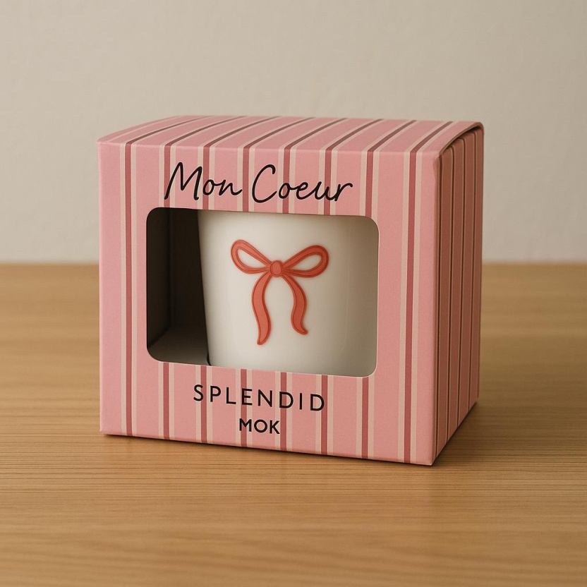 White Splendid ceramic mugs with ribbon print in gift box 225ML - Image 3