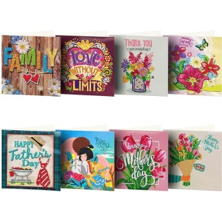 8-pack Diamond Painting dubbele wenskaarten familie 15x15cm