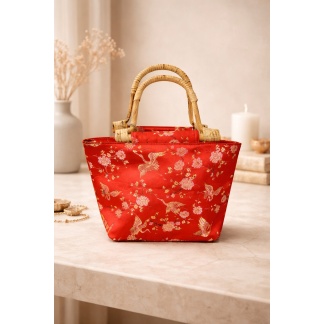 Elegante rode Mihella handtas met kraanvogelmotief en bamboe-look hengsels