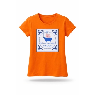 Opvallende humoristische oranje T-shirts voor dames met slogan