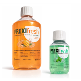 2-pack PREXIfresh mondspoeling: 500 ml mangosmaak & 100 ml muntsmaak