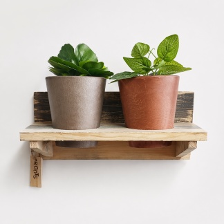 Houten wandrekset van Roots met 2 Artstone potten - 125554