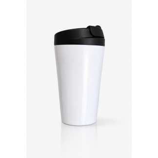 Witte herbruikbare koffiebekers voor onderweg met zwart deksel 270 ml