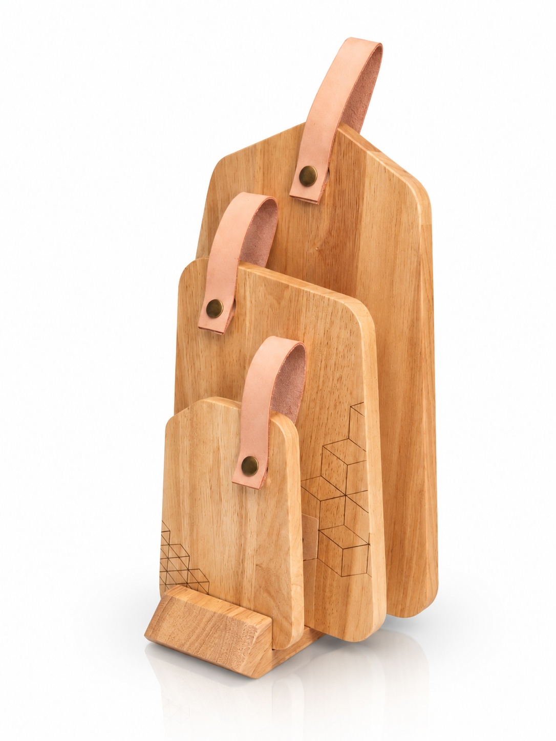 Houten serveerplankenset met standaard – 3-delig