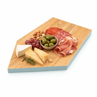 Asymmetrische massief houten serveerplanken met pastelblauwe zijkanten