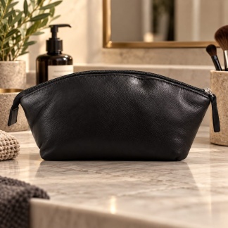 Zwarte toilettassen van echt leer – 25 × 12 cm