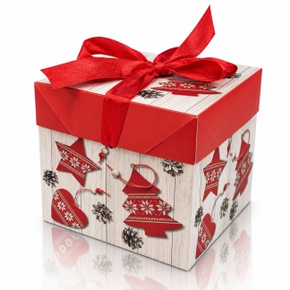 Geschenkdozen met kerstmotief & rode satijnen strik – 10,5 x 10,5 cm