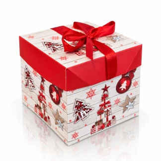Lichtgrijze geschenkdozen met kerstmotief en satijnen strik – 10,5 x 10,5 cm