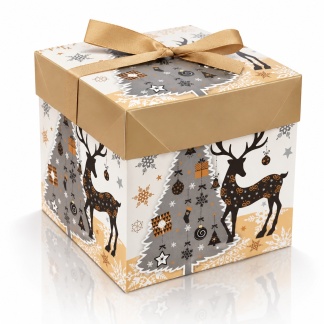 Geschenkdozen met kerstboom- en rendiermotief & satijnen strik – 16 × 16 cm