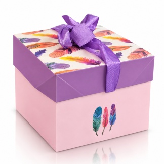 Geschenkdozen met verenmotief & satijnen strik – 10,5 x 10,5 cm