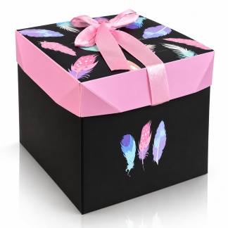 Geschenkdozen met verenmotief & satijnen strik – 16 × 16 cm
