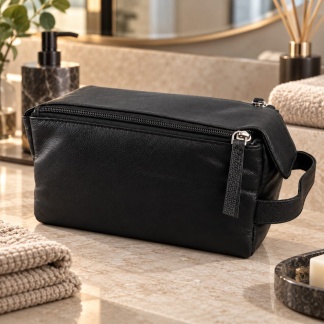 Zwarte toilettassen van echt leer met dubbele rits – 25 × 14 cm